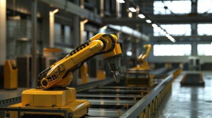 An automotive assembly factory with robotic arms on rails along a conveyor belt system, yellowish tone, and cars in assembly stages, highlighting vehicle manufacturing.