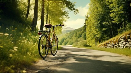 Fototapeta premium A photo of a bicycle on a winding country road.