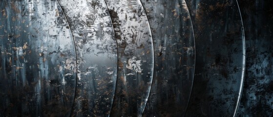 Obraz premium Close-up view of aged black metal shields arranged in a spiral pattern. Some rust spots, wear is visible. Aesthetically pleasing composition with slight deviations in orientation