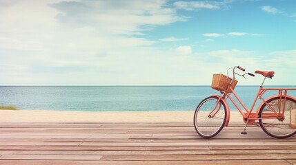 Fototapeta premium A photo of a bicycle on a wooden boardwalk