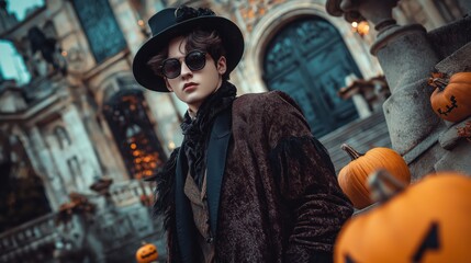 Obraz premium A fashionable young man in gothic attire stands confidently in front of a historic building, surrounded by carved Halloween pumpkins.