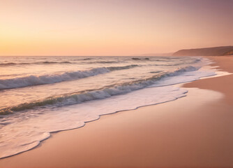Tranquil Sunset Over Soft Waves Lapping Shoreline at Serene Beach Location