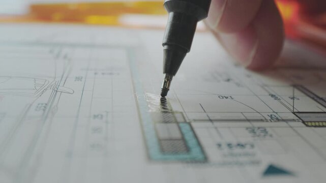 Hands of an architect drawing a building plan by hand with marker pen on blueprint