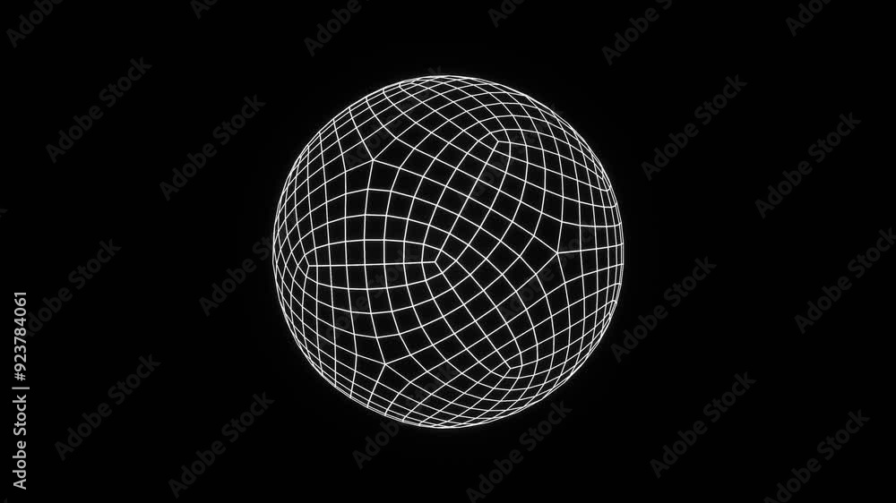 Poster 3d render of a futuristic wireframe grid cyber y2k sphere ball circle shape glowing neon white on bl