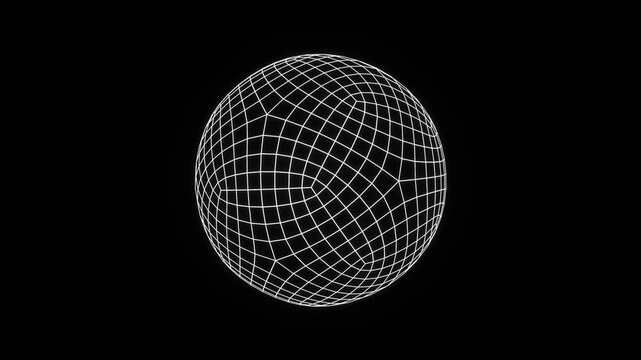 3d render of a futuristic wireframe grid cyber y2k sphere ball circle shape glowing neon white on black background isolated illustration. Outline element abstract globe. Animation loop 4k