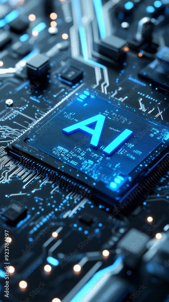 Poster 3d illustration of the chip with text ai, with a blue color scheme. the background features light gr