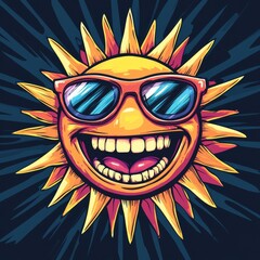 Cartoon-style clipart of a smiling sun with sunglasses and rays 