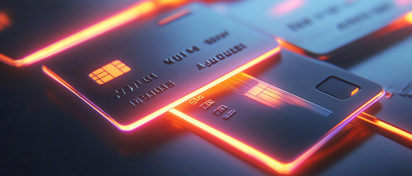 3D credit cards stacked with glowing transaction lines, symbolizing digital payments