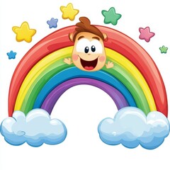 Naklejka premium Clipart of a cheerful rainbow with clouds, cartoon style