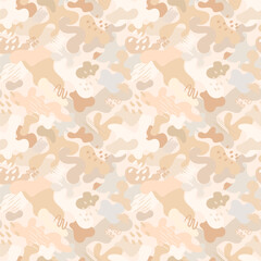Beige desert military hand draw camouflage seamless pattern. Modern abstract shapes hand draw hunting camo pattern