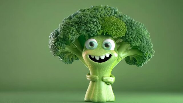 Animated broccoli character expressing various emotions, smiling and waving