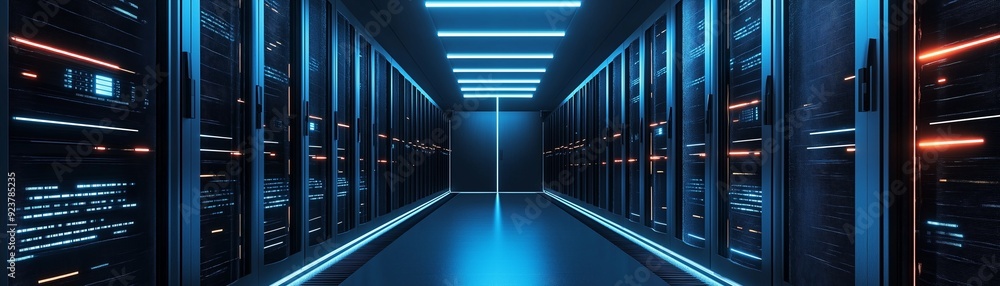 Poster a modern data center including rows of servers.