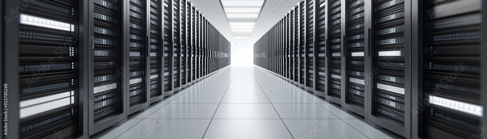 Poster a modern data center including rows of servers.