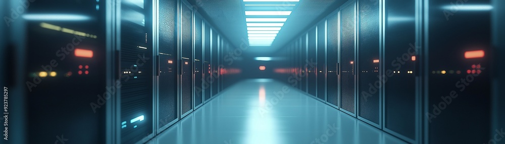 Poster a modern data center including rows of servers.