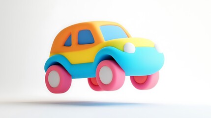Playful Toy Car Mid-Jump in 3D Clay Cartoon Style on Pastel Background