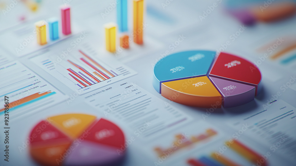 Poster 3d financial report with floating pie charts, representing transparent analysis