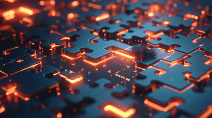 3D financial puzzle pieces with glowing edges, representing strategic investments1