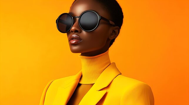 Vibrant Fashion Statement: A Model in a Stunning Yellow Blazer with High Collar and Oversized Black Sunglasses – Perfect for Sports Interior Posters!