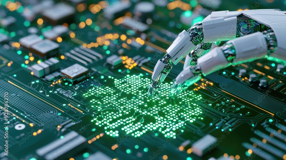 Poster futuristic ai investment growth concept: robotic hand planting coin into digital soil sprouting bina