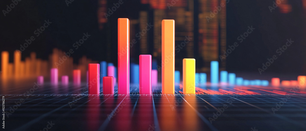Poster 3d floating bar charts with dynamic colors, symbolizing diverse financial data