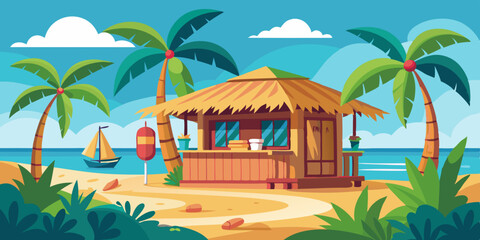 Beach shack house, Hawaiian bamboo hut bar surfboard, vector surfing bungalow, tropical plants. Summer cartoon island building, exotic vacation camping straw roof. Beach shack seashore sand clipart