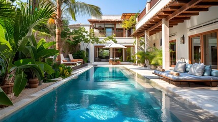 Luxury Poolside Villa with Lush Greenery.