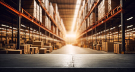 in focus foreground surface with out-of-focus warehouse racks behind; apt for highlighting industrial goods.