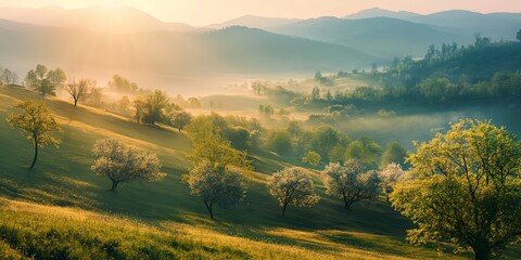 A serene landscape of misty hills at sunrise, dotted with blossoming trees, captures the essence of morning tranquility.