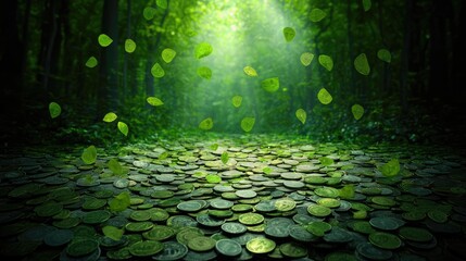 Fototapeta premium Fantasy Forest of Wealth: Digital Trees of Coins and Dollar Bill Leaves, Sunlight Illumination in Gold and Green Watercolor Harmony, Generative Ai