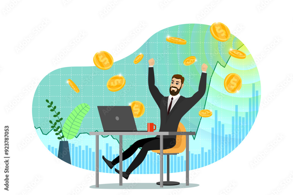 Poster successful businessman trader get money on backdrop of rising stock market index chart. joy of growt