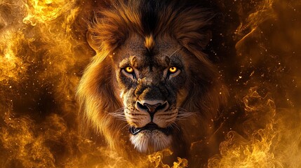 Majestic Lion in Golden Smoke: A Captivating Wall Poster for Sporty Interiors, Showcasing Power, Vibrant Eyes, and Impressive Mane Texture in a Dramatic Atmosphere