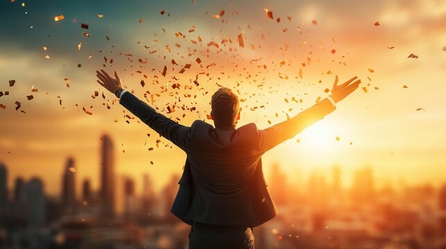 Businessman in a suit flying high above a city skyline with fireworks in the background, business growth, celebrating success