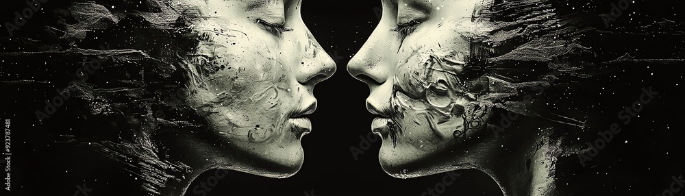 Poster a stunning, artistic blend of two faces merging with abstract elements, symbolizing connection and e