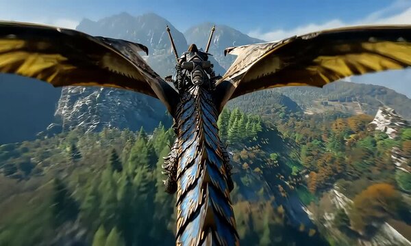 Epic Knight Riding a Dragon Through Majestic Mountain Landscape