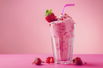 A Shake cold pink fresh glass milkshake food cocktail