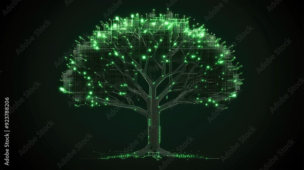 Poster digital money tree - cyberpunk neon 3d concept symbolizing tech-driven investment with circuit board