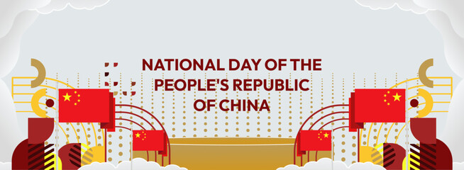 China National Day banner in modern geometric style. Wide banner suitable for greeting card, web, leaflet, and more with country flag. 1st October. Happy National Day of the People's Republic of China