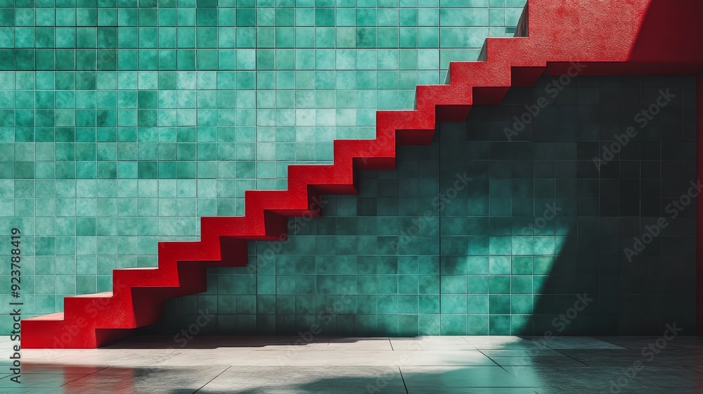 Poster contrasting colors of a turquoise tiled wall with red accents and a staircase create a dynamic visua