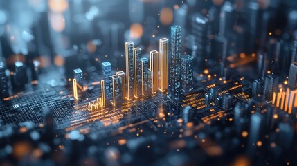 Financial Growth Metaphor: Futuristic Cityscape with Ascending Bar Graph Skyscrapers in Blue and Gold - 3D Urban Development Concept, Generative Ai