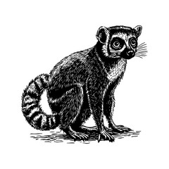 Obraz premium Vector illustration of a lemur in the style of a black-and-white vintage engraving with detailed line and texture work, an elegant and refined drawing for print and design