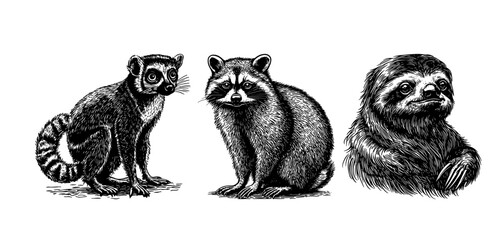 Vector illustration of a lemur, raccoon, sloth in the style of a black-and-white vintage engraving with detailed line and texture work, an elegant and refined drawing for print and design