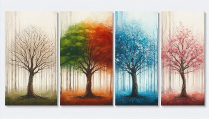 Triptych Art of A single tree depicted in spring, summer, and autumn, showcasing the transformation of nature. Watercolor, Traditional painting
