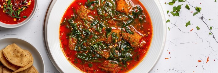 Overhead view of a traditional okra soup served with eba on a white plate
