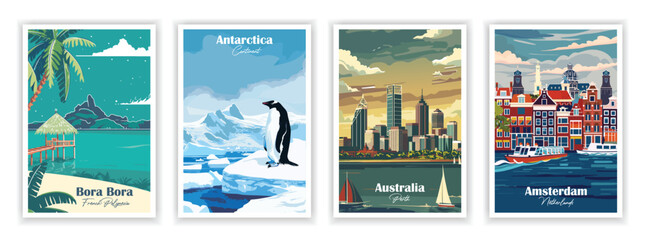 Set of 4 Vintage travel poster. Vector illustration. Amsterdam, Netherlands, Antarctica, Australia, Perth, Bora Bora, French Polynesia © DesignerThc