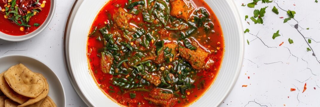 Overhead view of a traditional okra soup served with eba on a white plate