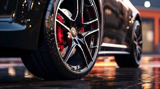 A photo of a cars tires and rims after a detailed