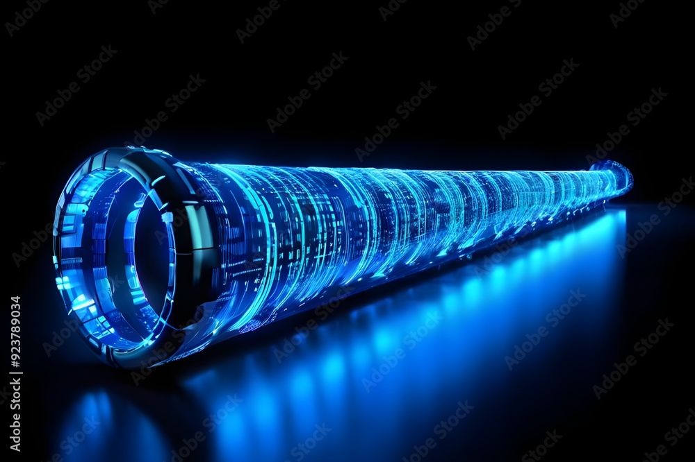 Wall mural digital pipeline shaped by vibrant glowing blue matrix binary code. isolated on black