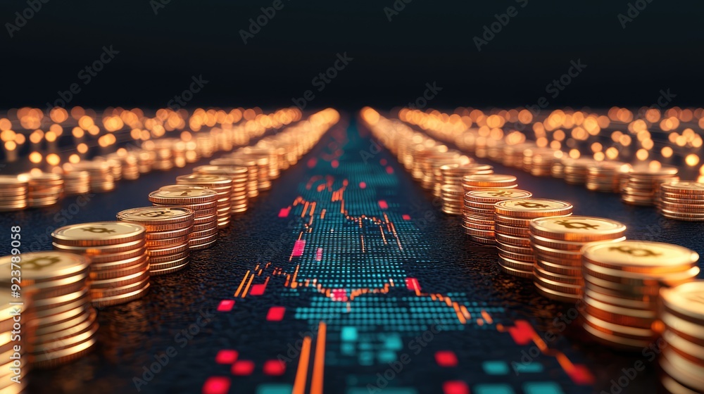 Poster digital asset accumulation - futuristic vault of glowing coins and holographic graphs in sci-fi blue