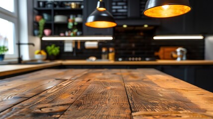 Obraz premium close-up rustic wooden countertop modern kitchen interior design home decor warm lighting cozy inviting