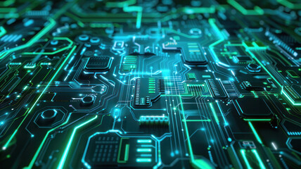 Futuristic Digital Circuits  Background with Neon Blues and Greens Featuring Detailed Circuit Patterns for a Sleek and Advanced High-Tech Look
